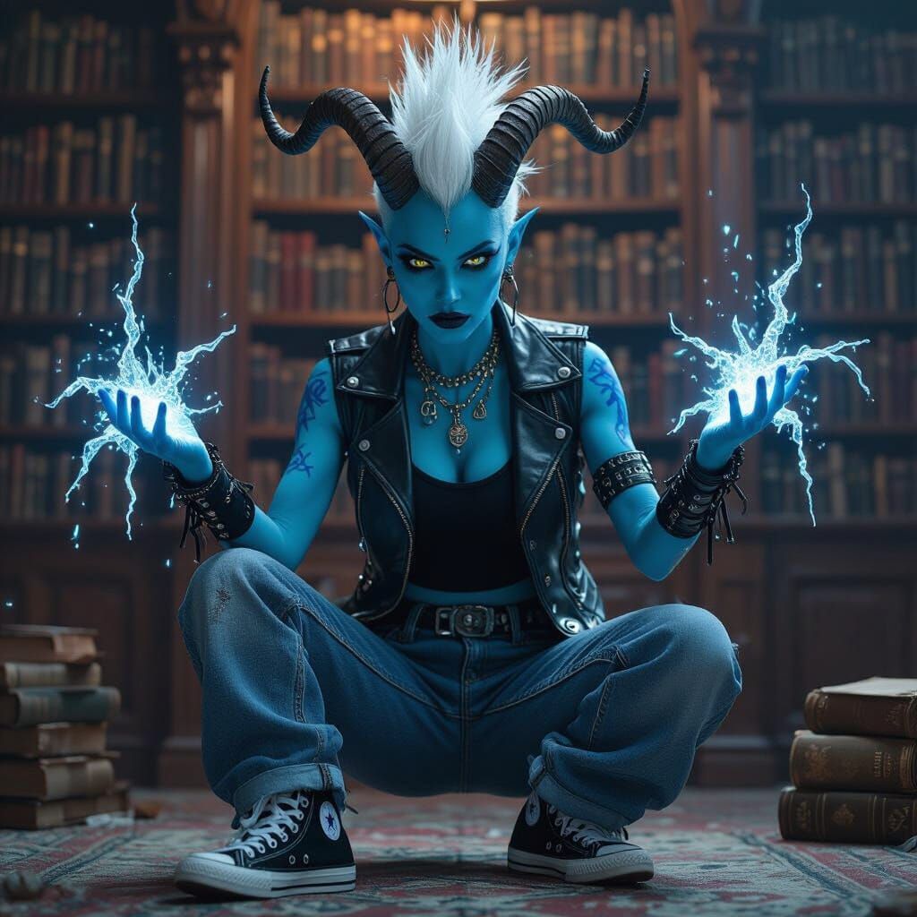 Demonic Woman With Blue Skin and Goat Horn