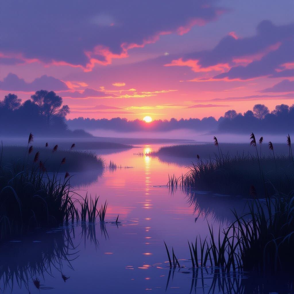 Wetlands at Dawn with Misty Sunrise