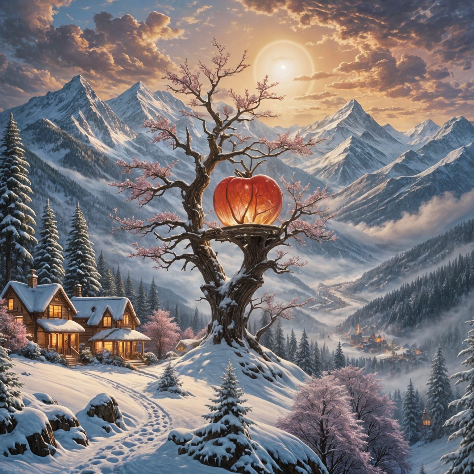 Giant Cherry Topping a Snow Mountain in Ethereal Style