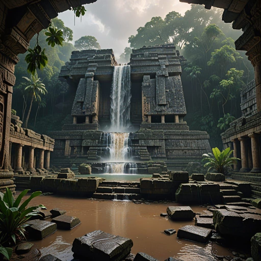 Mayan Temple Waterfall in Summer Rain