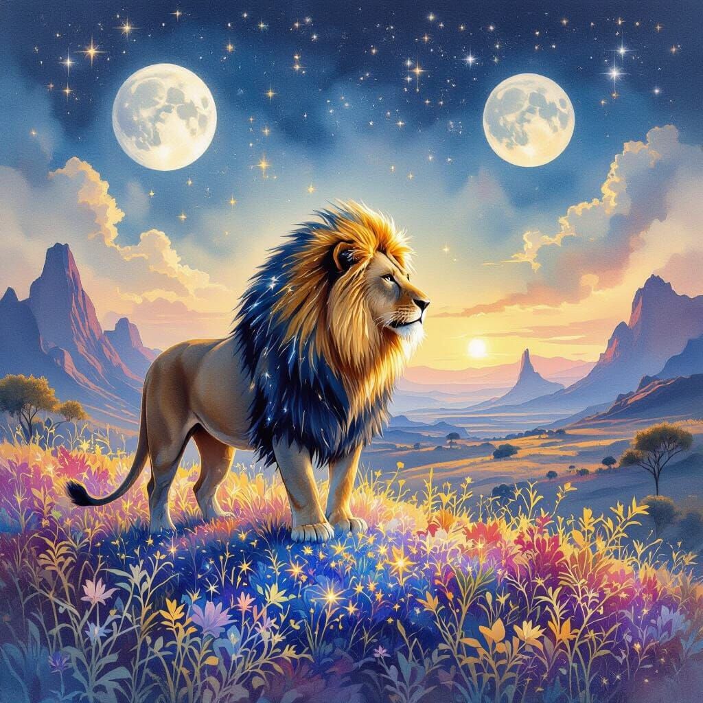 Starlight Lion on Alien World in Cosmic Watercolor Style