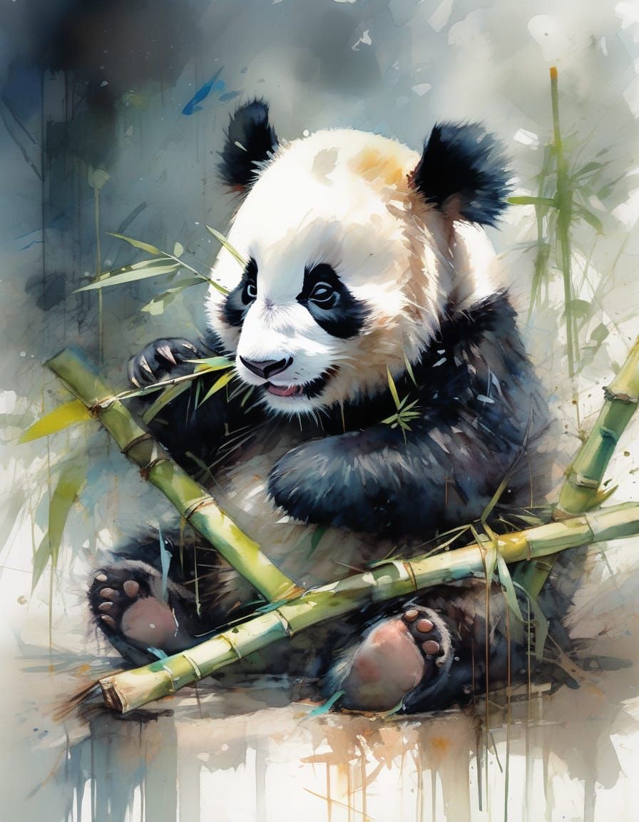 Watercolor of Baby Panda Eating Bamboo