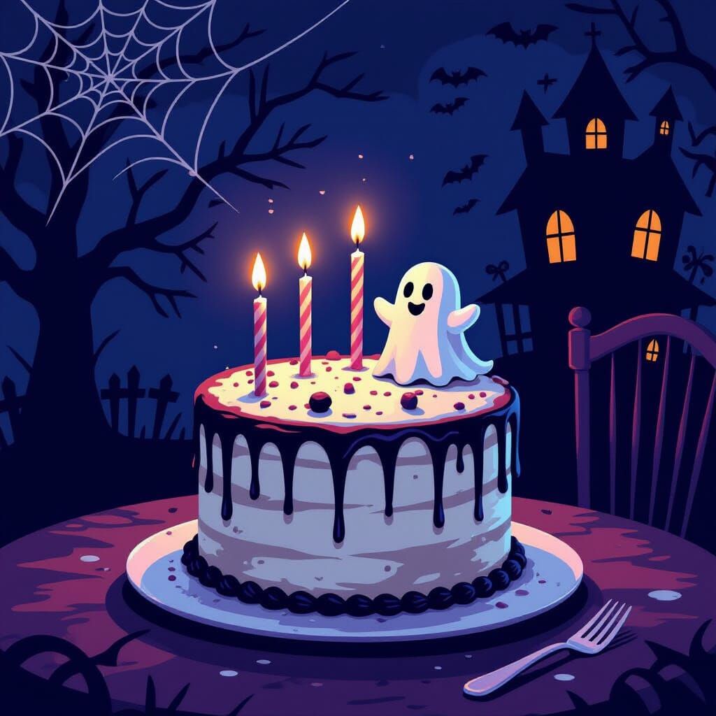Spooky Birthday Cake with Ghost and Cobwebs