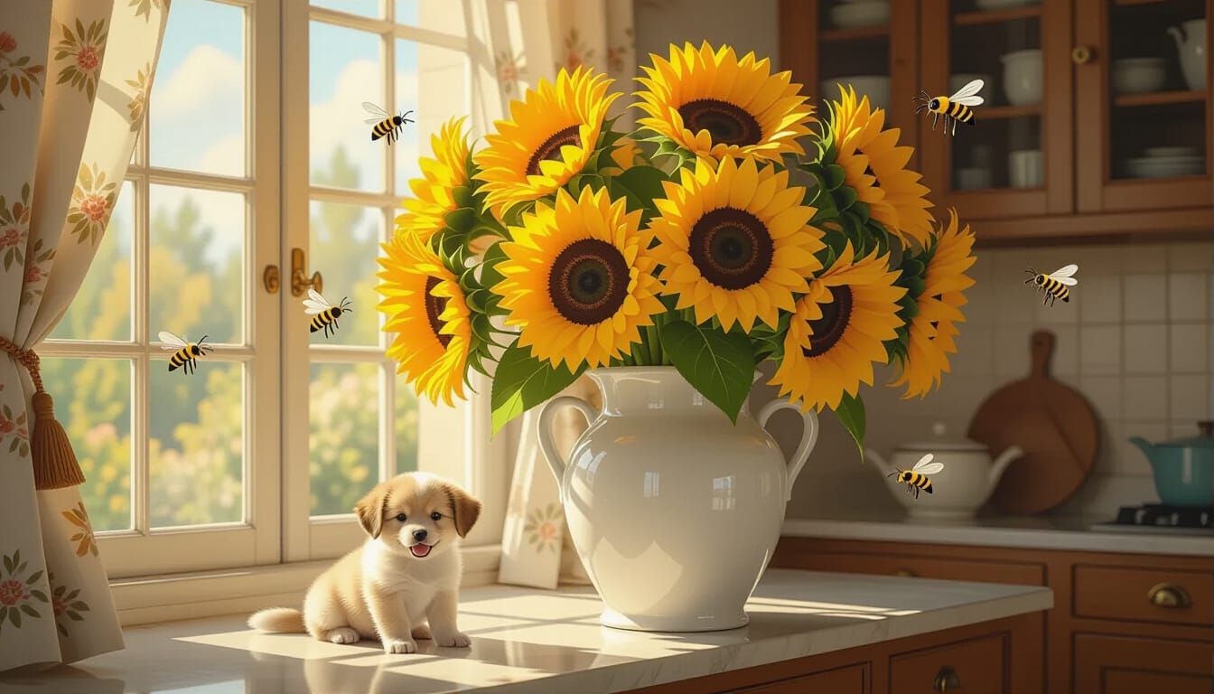 Sunflowers and Puppy in Impressionistic Kitchen Scene