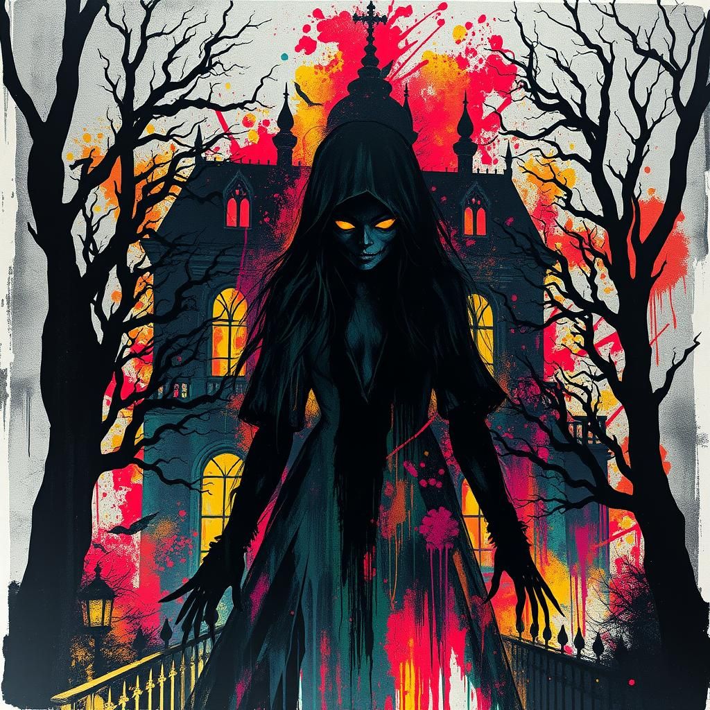 Haunted Mansion Graffiti Art Inside Woman Silhouette