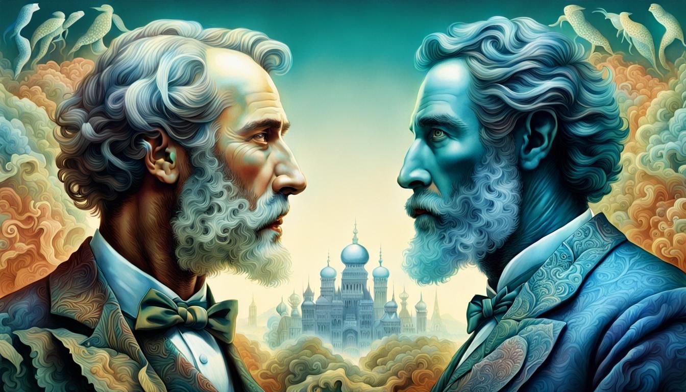 Surreal Split Man in Iridescent Colors, Mystical Scene