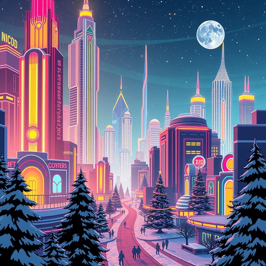 Retro-Futuristic Christmas Cityscape in Vibrant 8-Bit Neon
