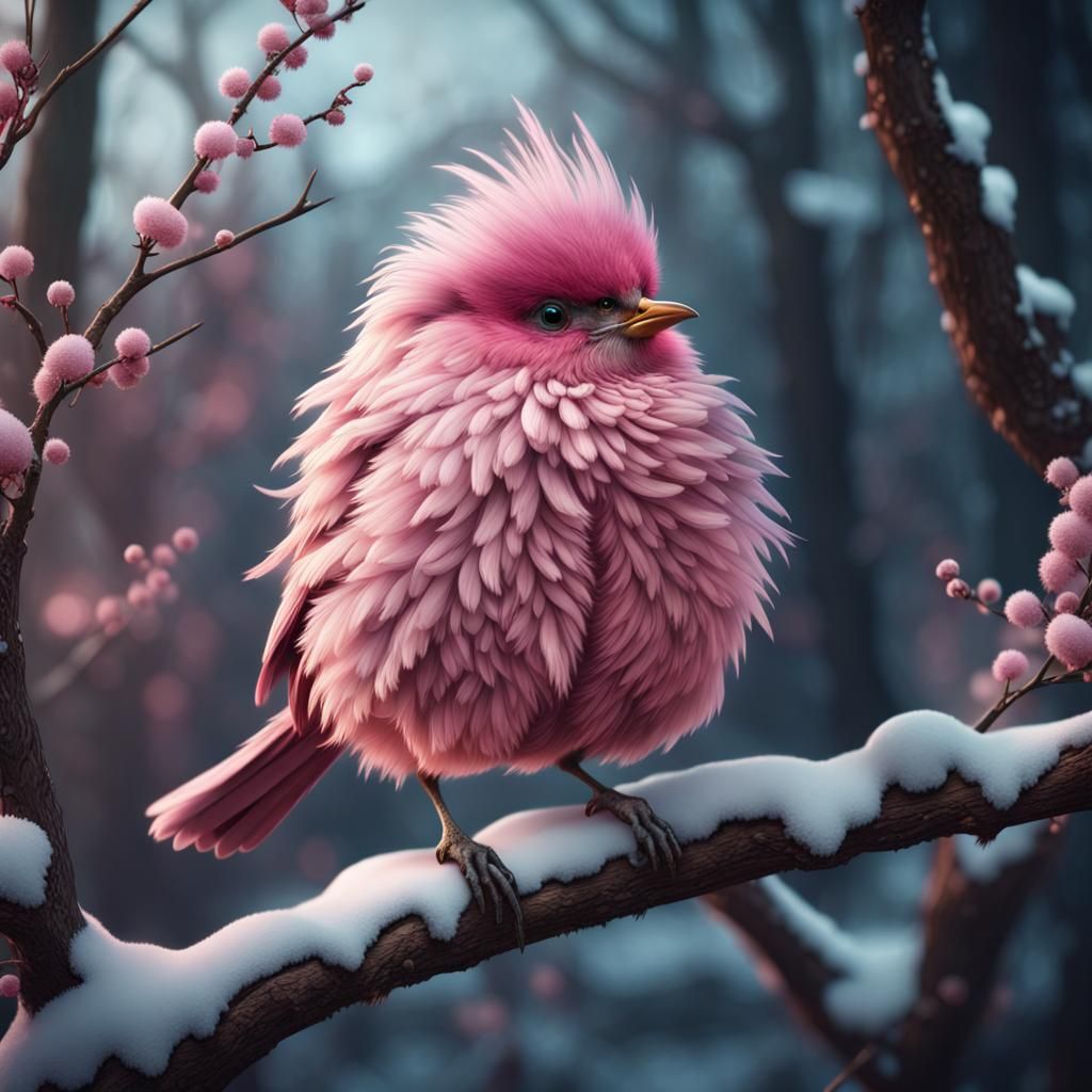 Pink Bird on Winter Branch: Fantasy Art