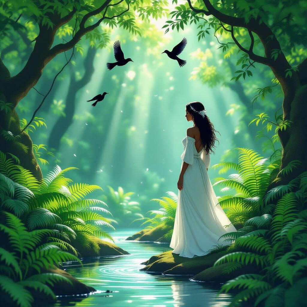 Woman by Forest Spring in Ethereal Digital Art Style