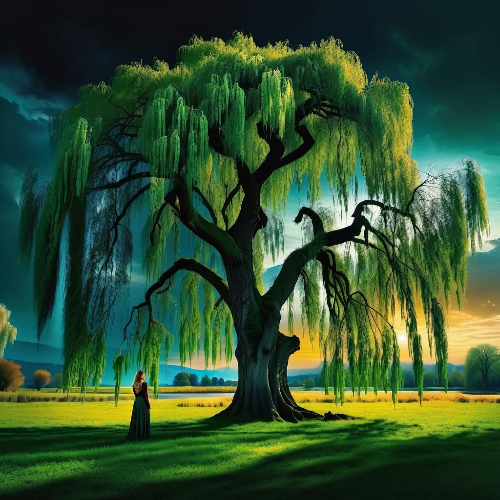 Young Woman at Weeping Willow: Dramatic Digital Painting