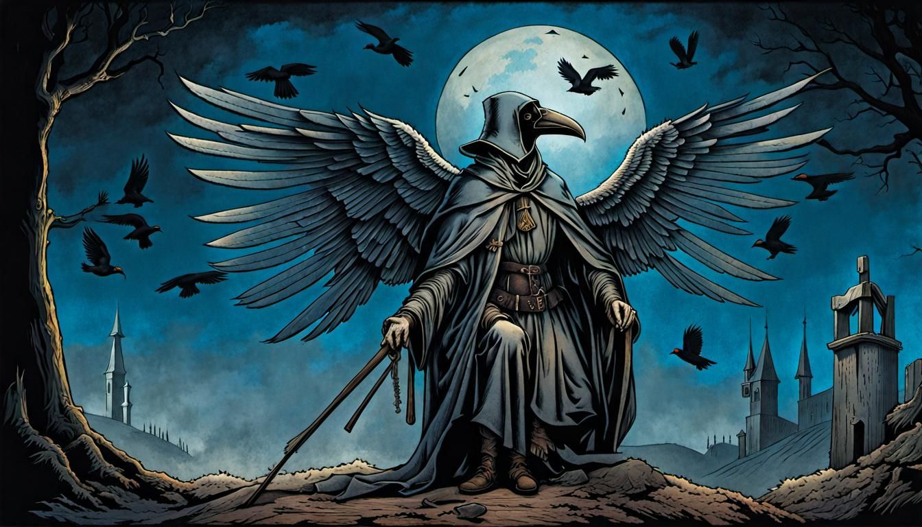 Plague Doctor Kneeling in Medieval Setting