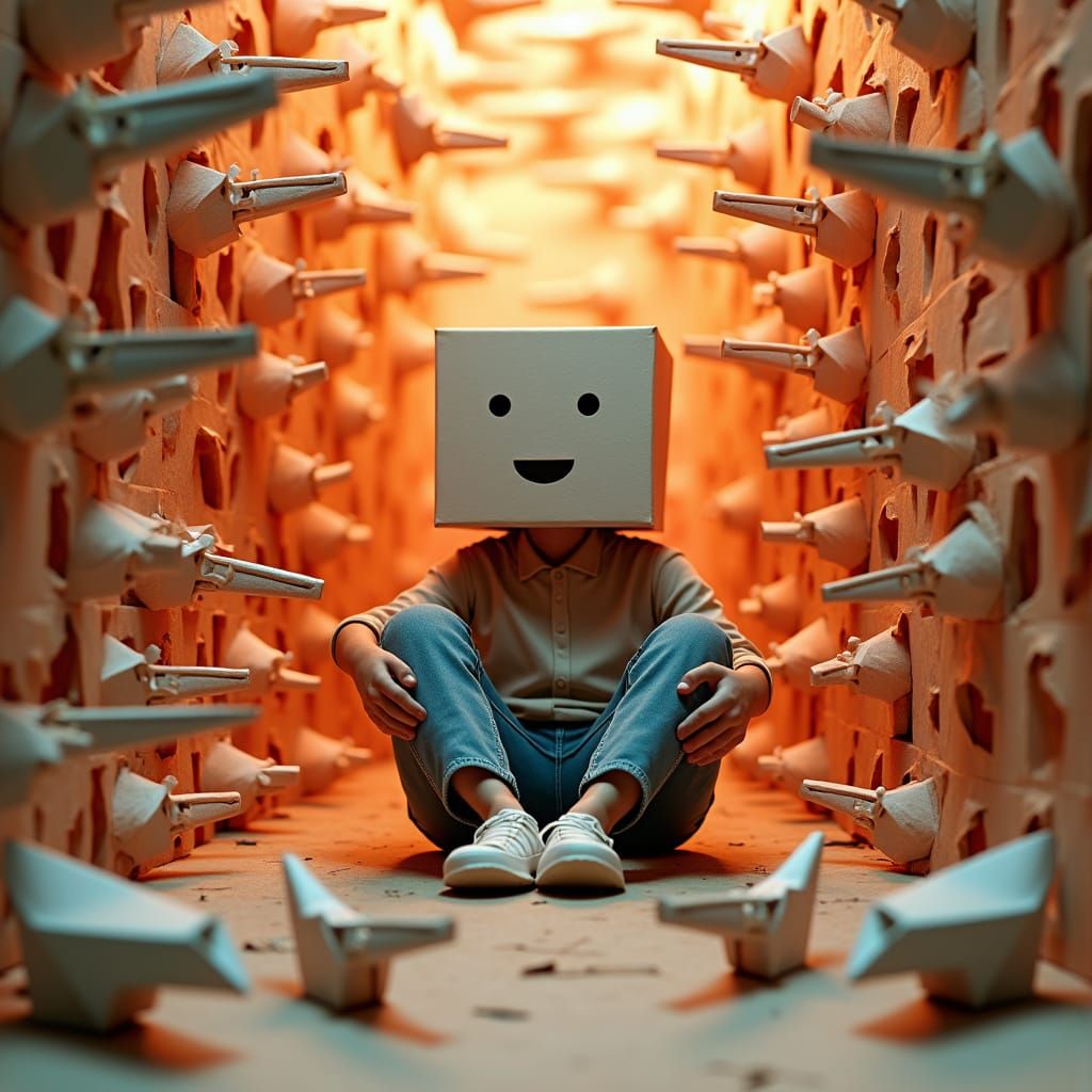 Origami Guns Swirl Around Square-Headed Man