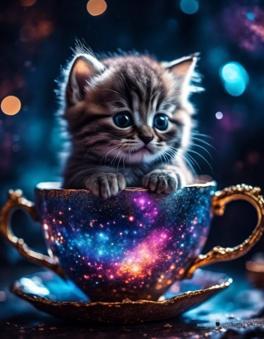 Kitten in Glittery Teacup: High Quality CGI