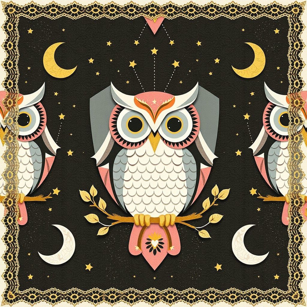 Whimsical Geometric Collage with Owls, Moons, and Stars in P...