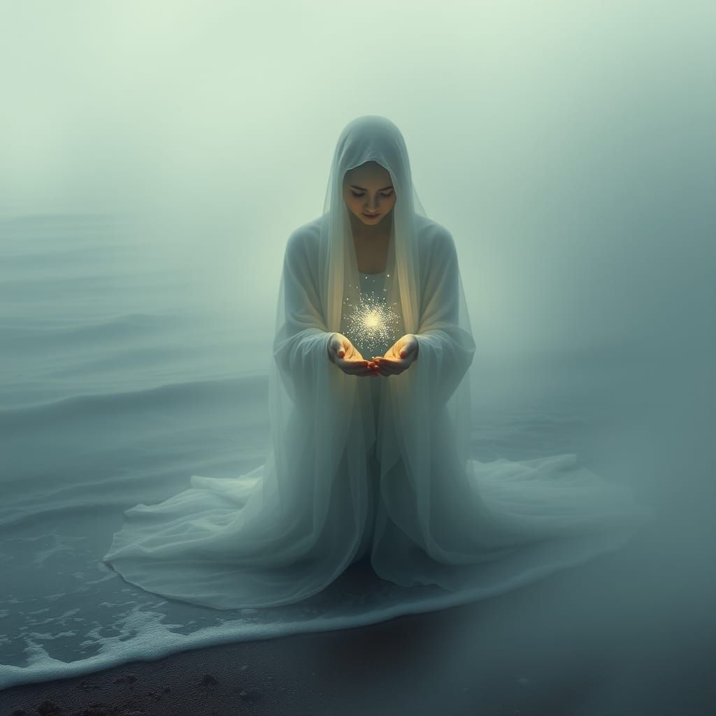 Ethereal Figure with Stars by Water's Edge