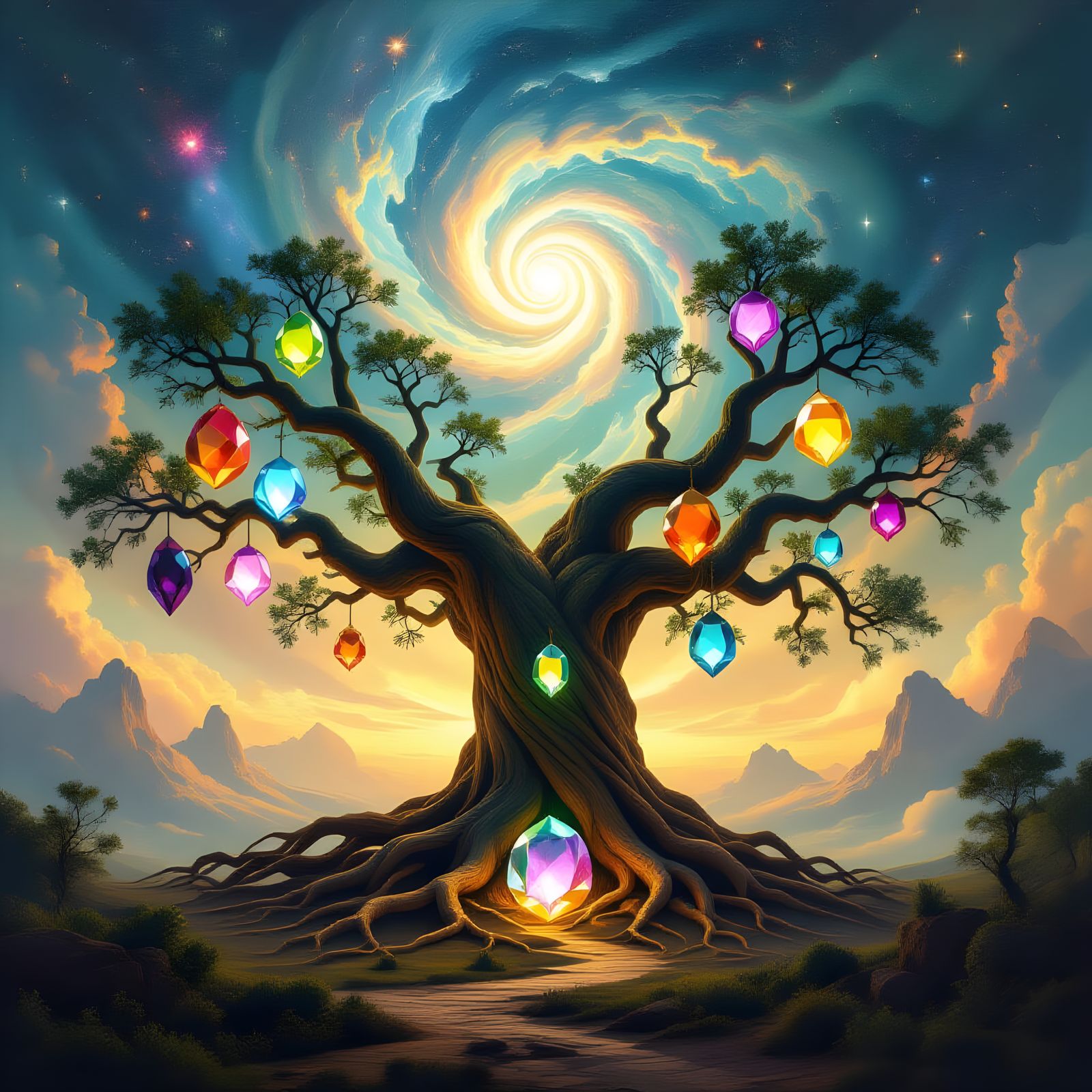 Ancient Tree of Gemstone Fruit in Cosmic Vortex