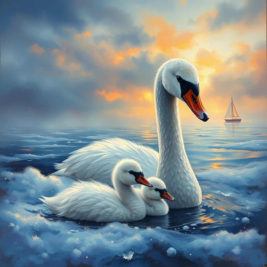 Surreal Impressionist Winter Scene with Swans