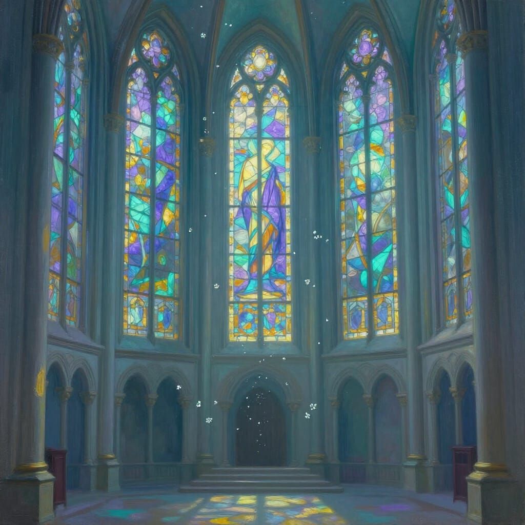 Bioluminescent Cathedral Interior in Surrealist Oil Painting...