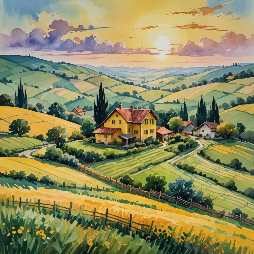 Countryside Farmhouse Sunrise in Gouache Watercolor