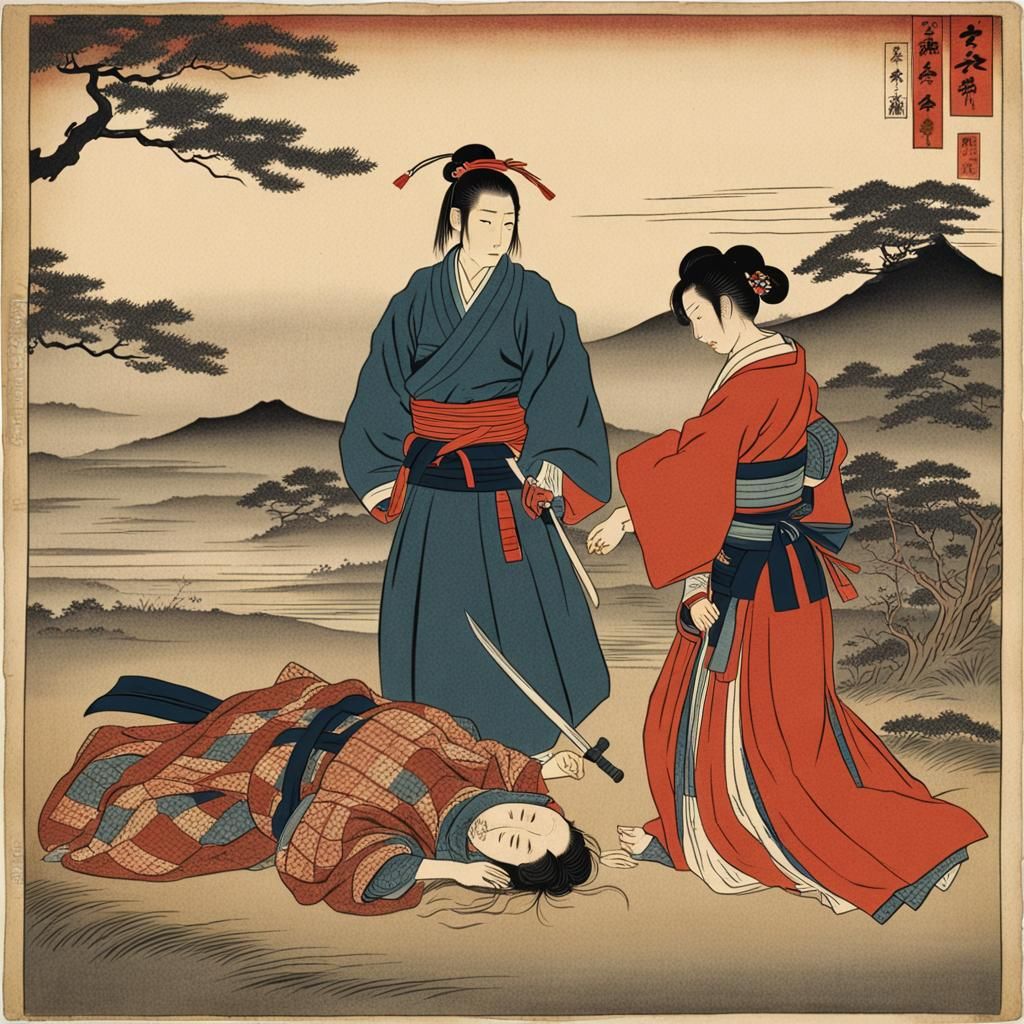 Feudal Japan: Peasant Woman and Fallen Samurai