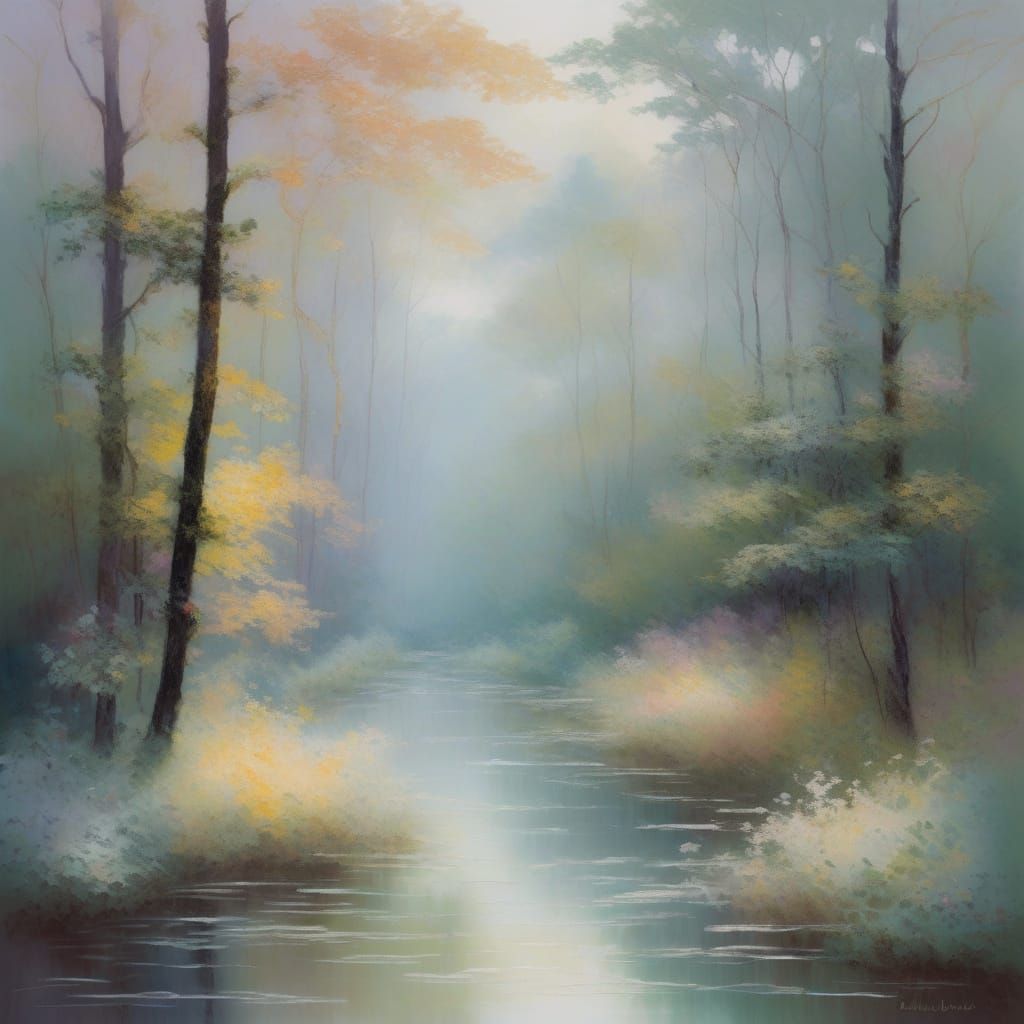 Misty Forest Landscape in Impressionist Style