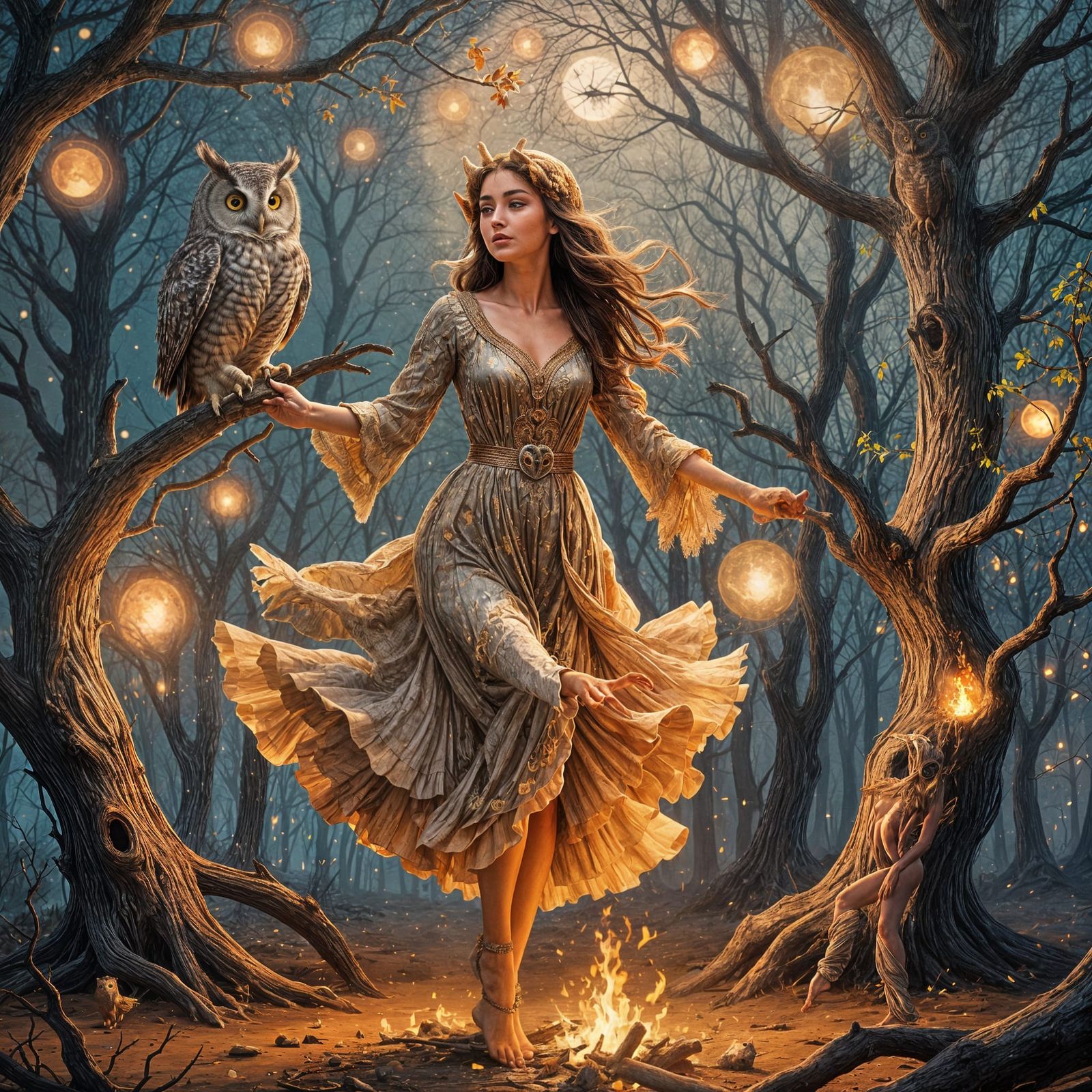 Woman Dancing by Bonfire Under Moonlight