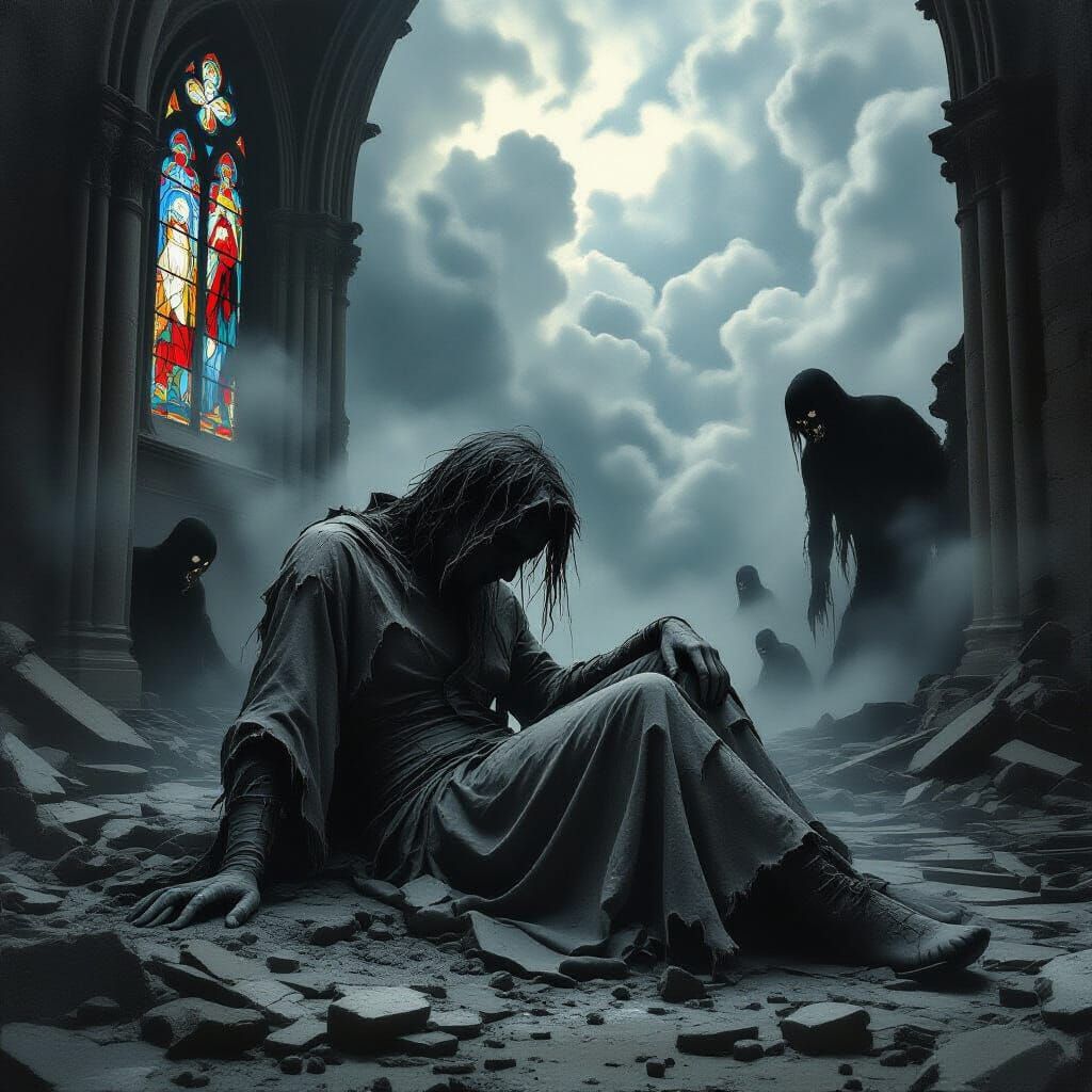 Ash Figure in Crumbling Cathedral: Baroque Style