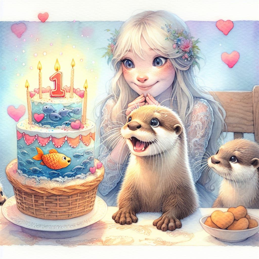 Whimsical Watercolour Birthday Celebration with Baby Otter a...