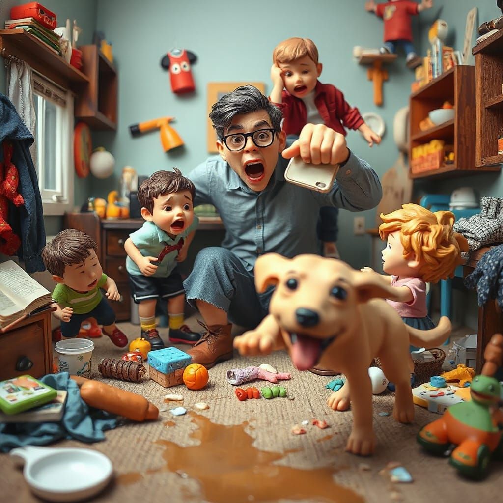 Hilarious Dad Overwhelmed by Kids in Polymer Clay Style