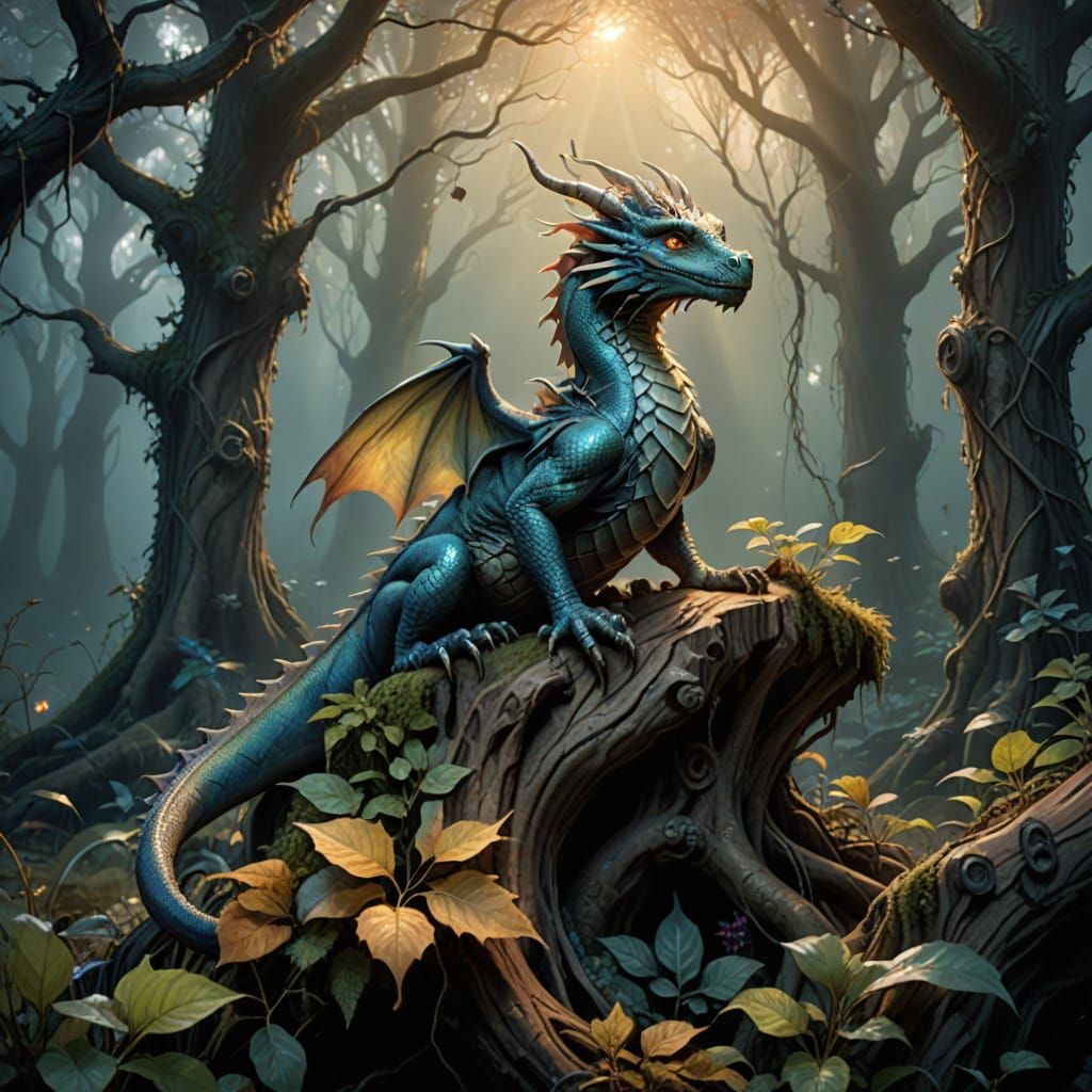 Whimsical Fantasy Dragon Sits in Misty Forest