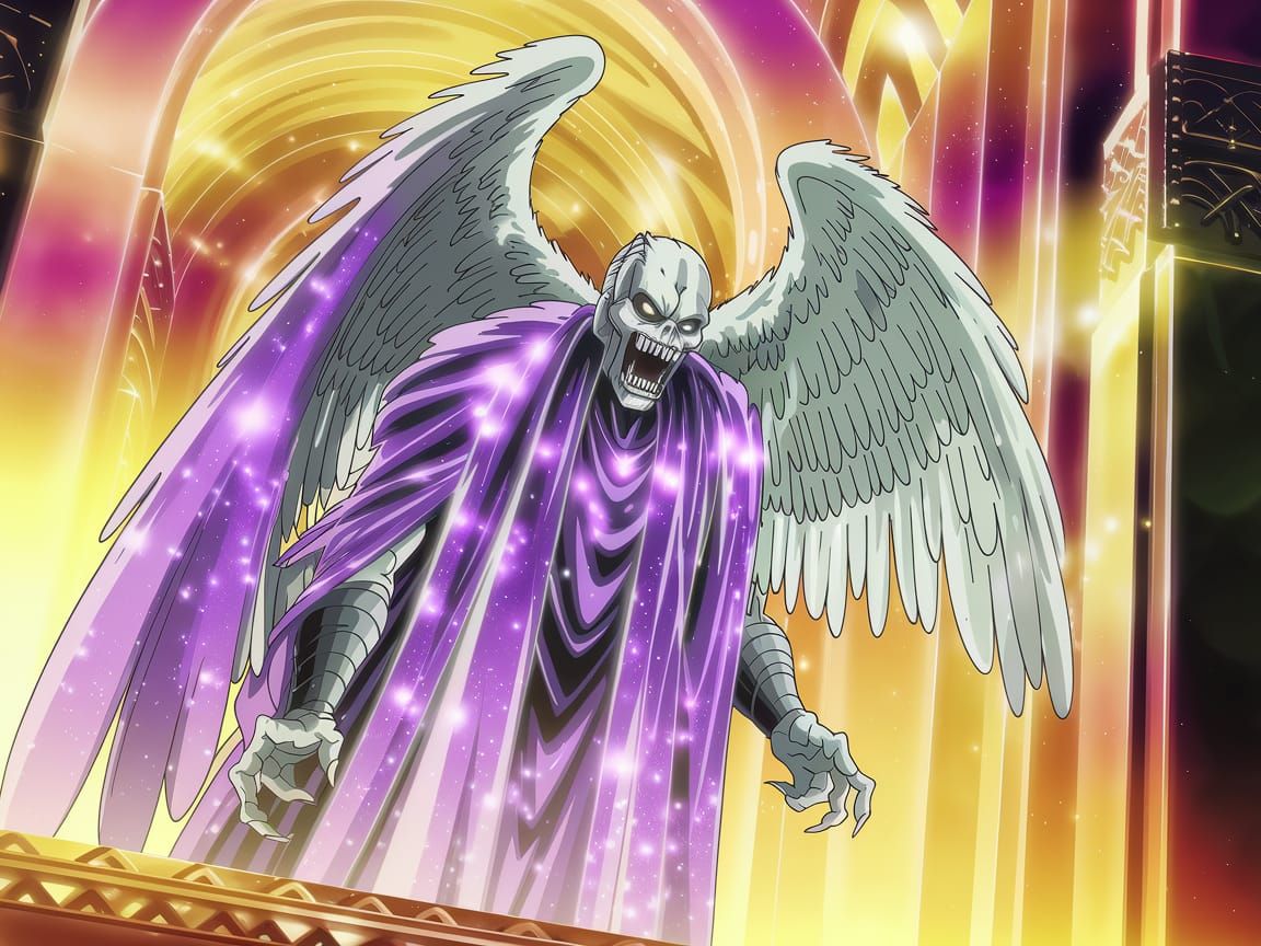 Grotesque Angel of Death Emerges in Cosmic Purple Aura