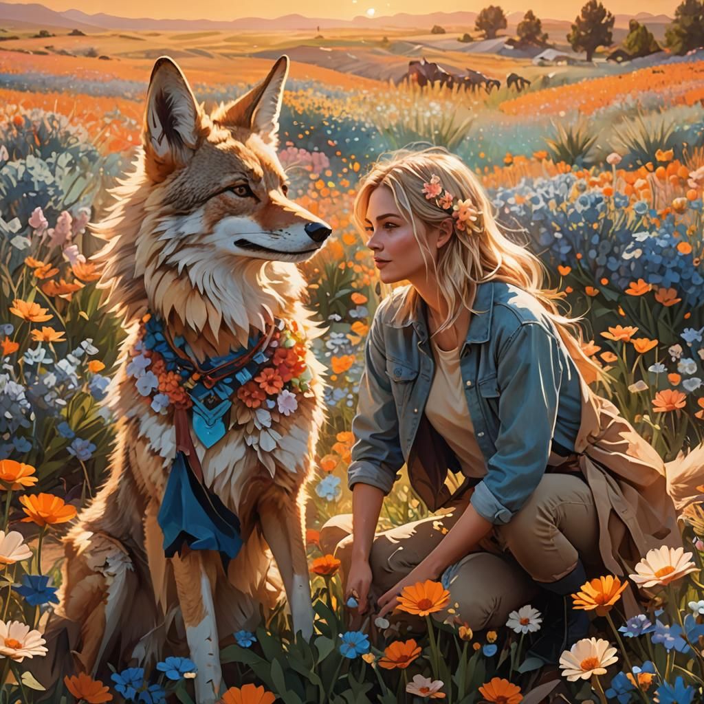 Girl and Coyote Playing in Flower Field, Digital Art