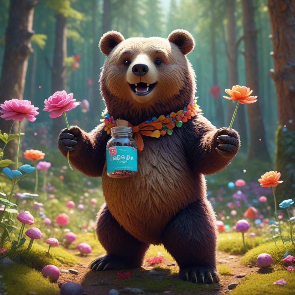 Whimsical Bear Celebrates No Sugar Day in Candy Forest