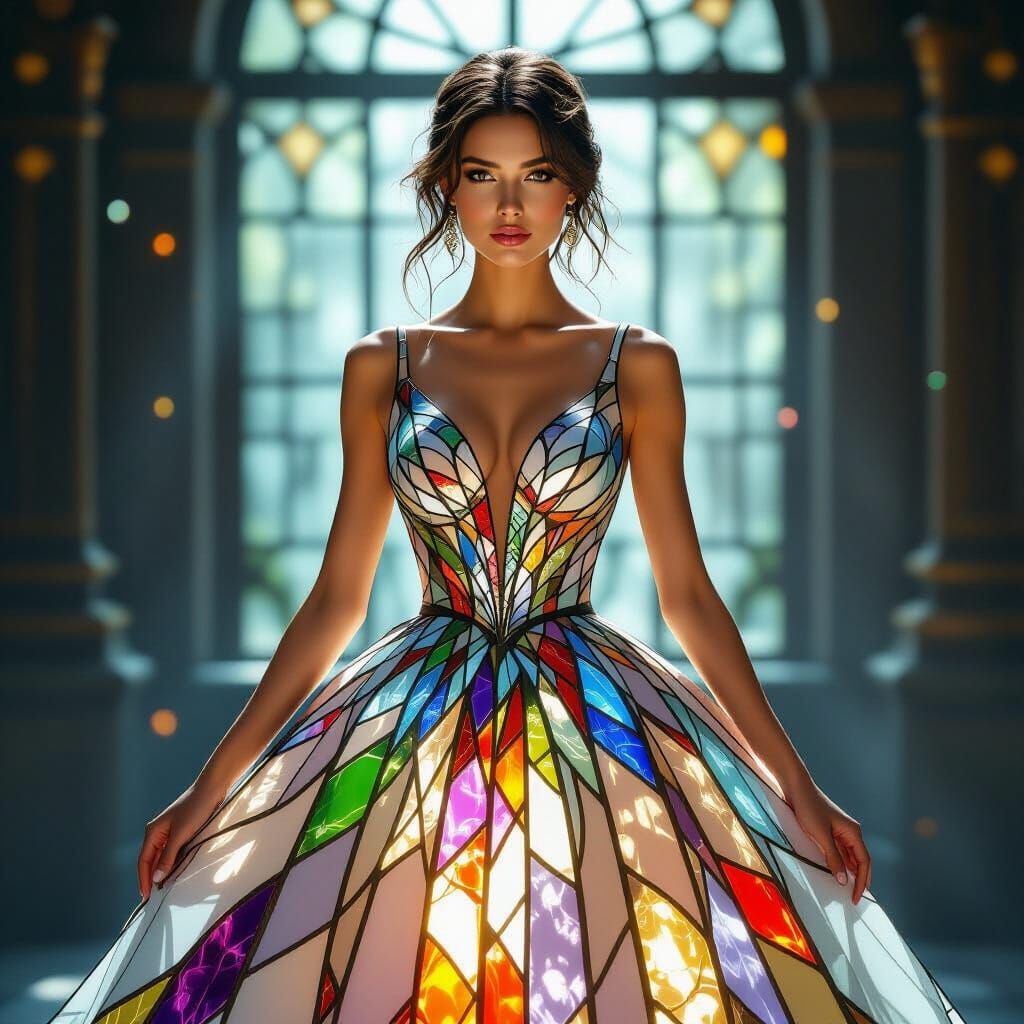 Woman in Stained Glass Dress Under Cinematic Light