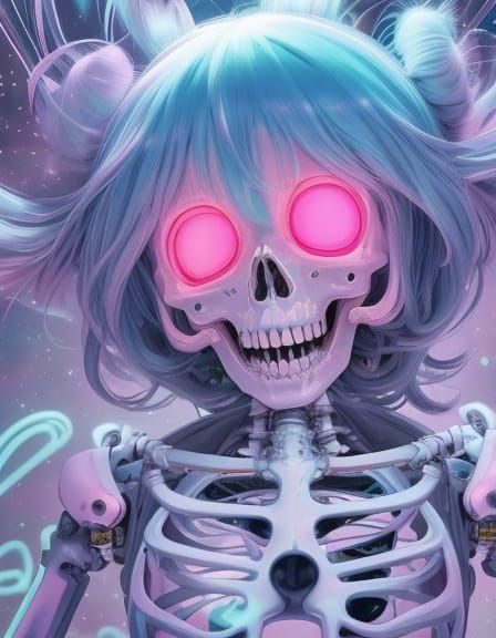 Cheerful Skeleton Dances in Pastel Landscape