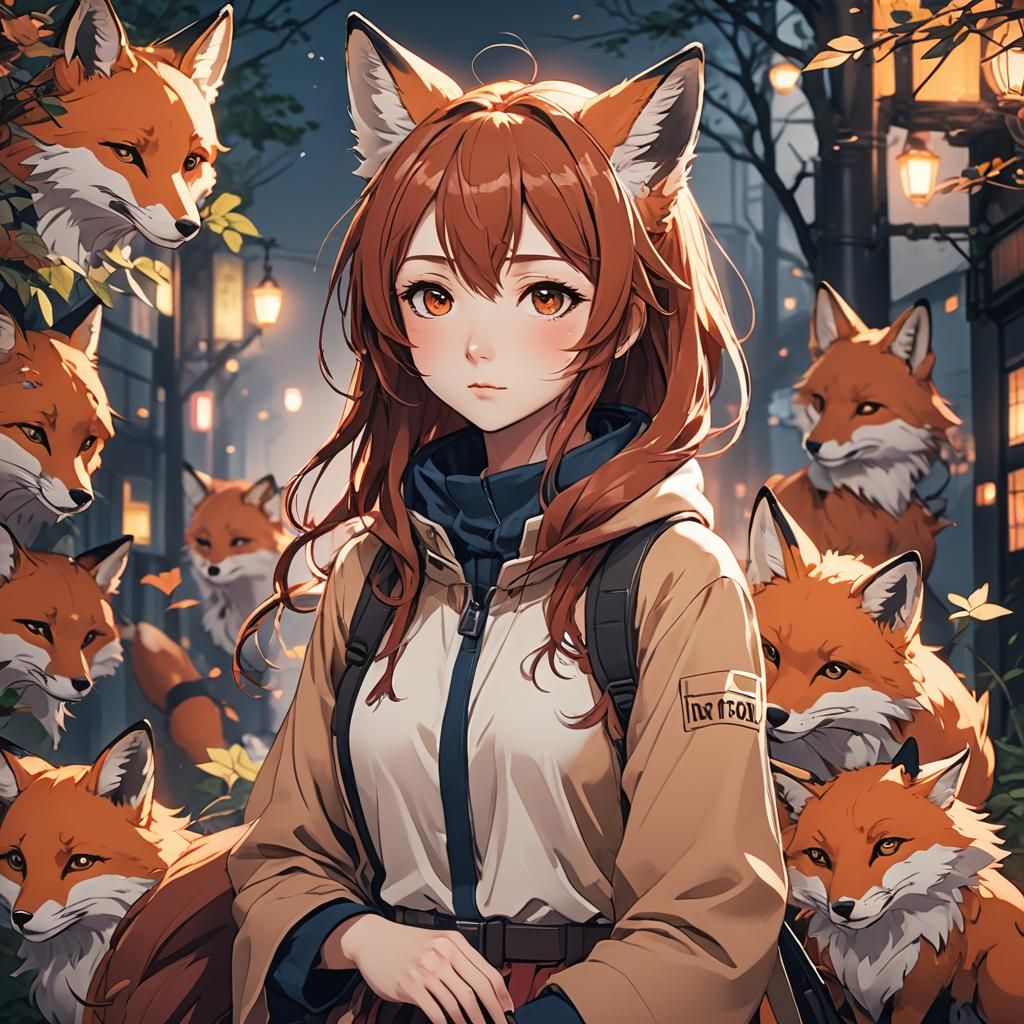 Anime Fox Girl in Cel-Shaded Manga Style