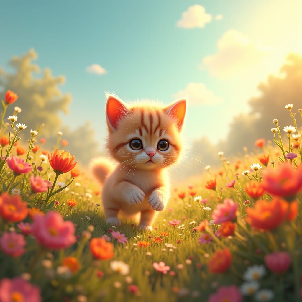 Animated Kitten in Wildflower Field, Dreamy Matte Painting