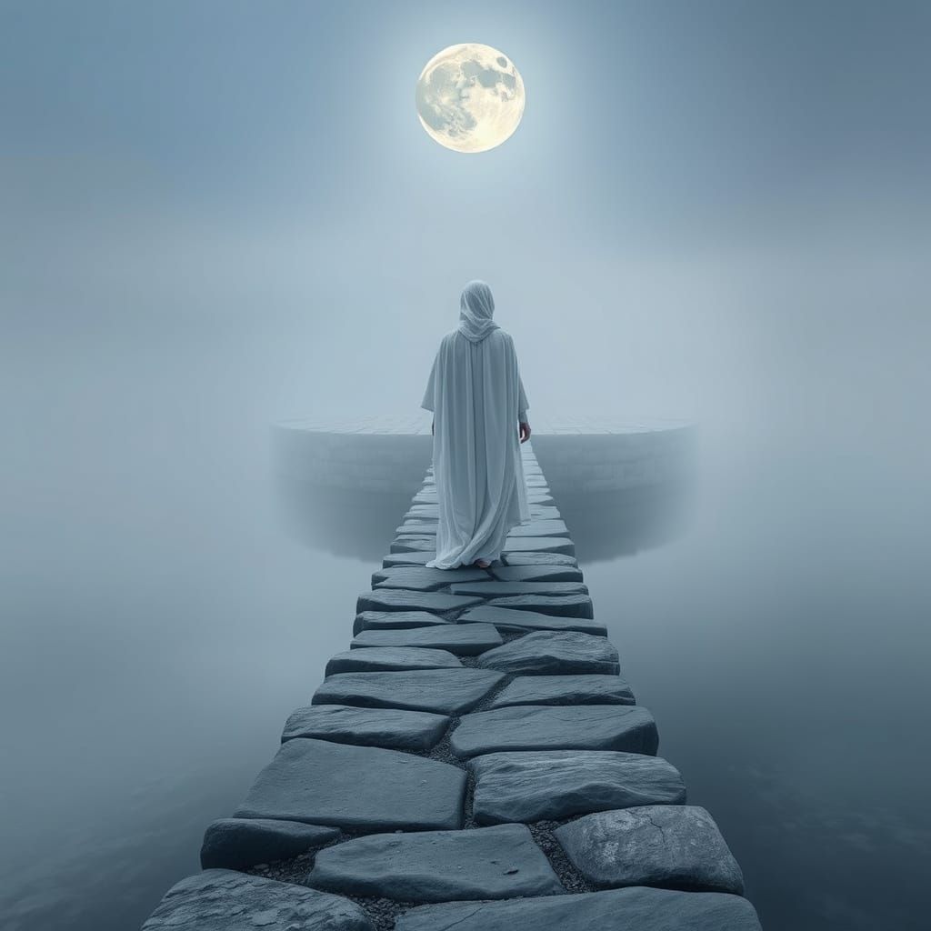 Ethereal Woman on Moonlit Bridge