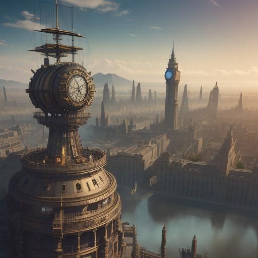 Steampunk Time Voyager Ascends Clock Tower