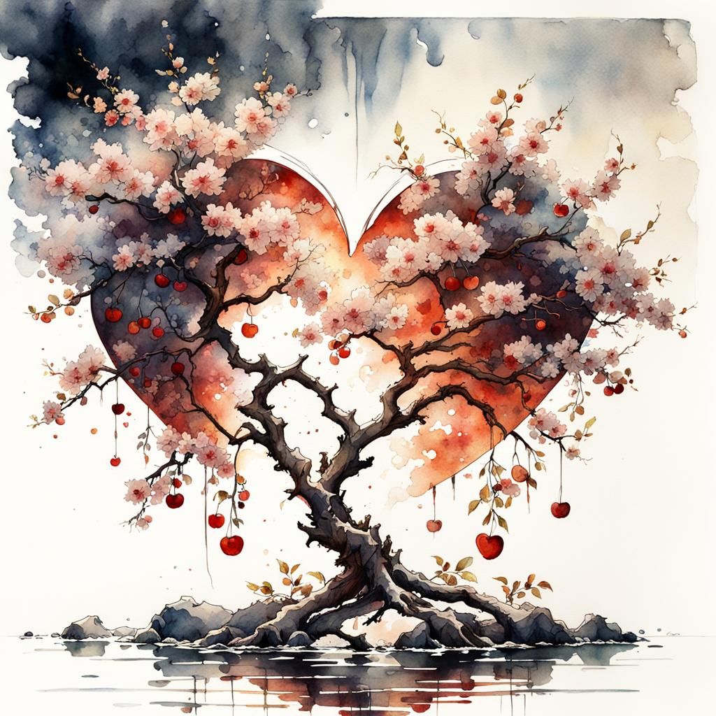Heart-Shaped Cherry Tree Watercolor Painting