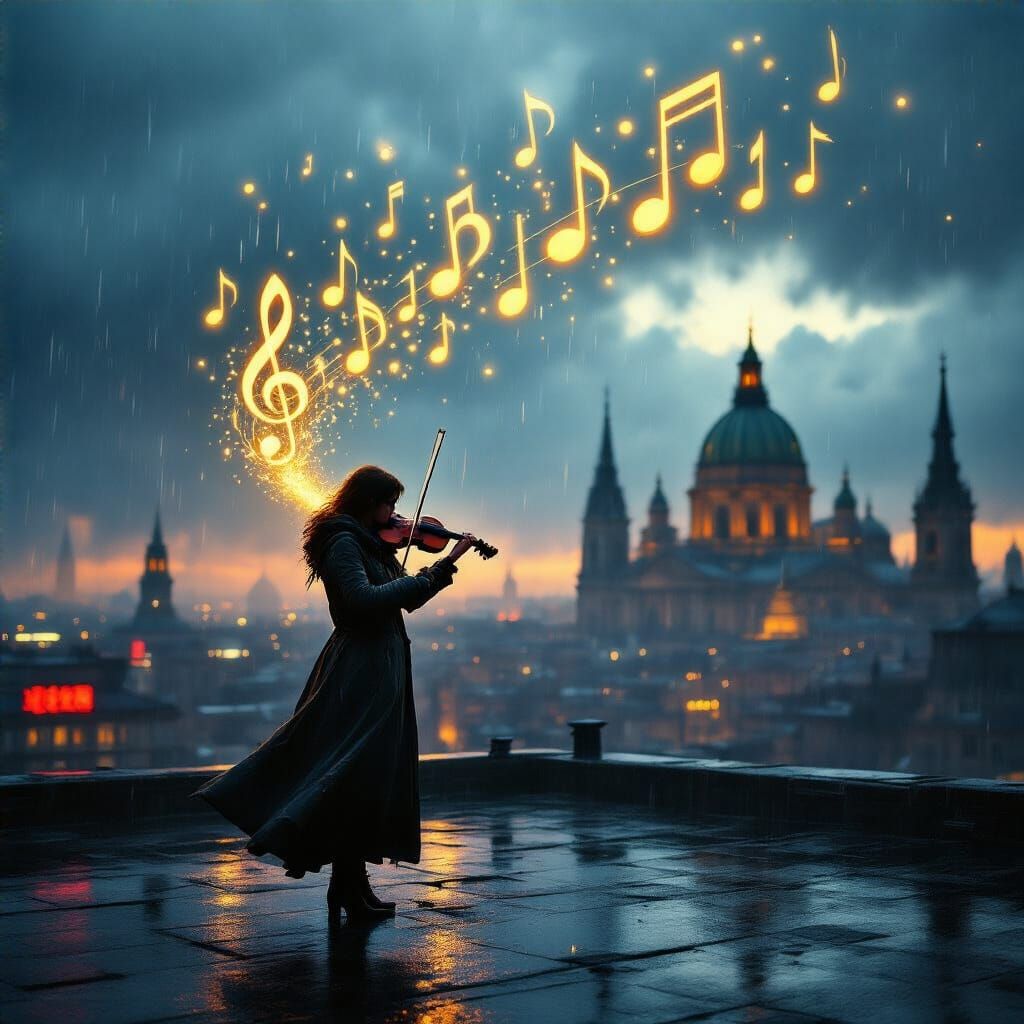 Violinist on Rooftop at Twilight, Musical Notes in Cyberpunk...