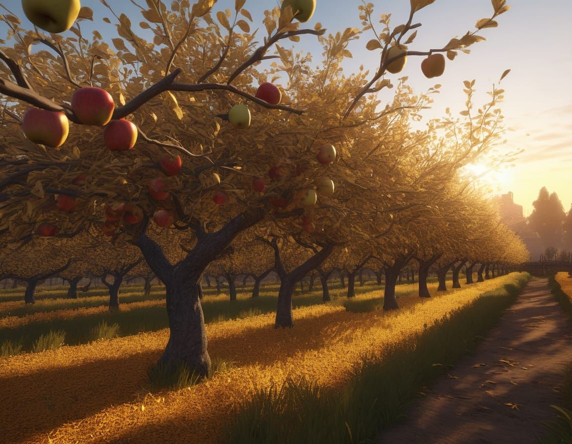 Autumn Apple Orchard at Sunset in Epic 3D Game Style