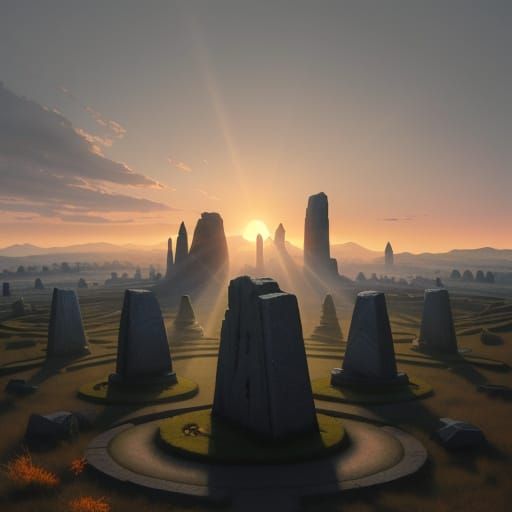 Ancient Stone Circle in City Sunrise Digital Matte Painting