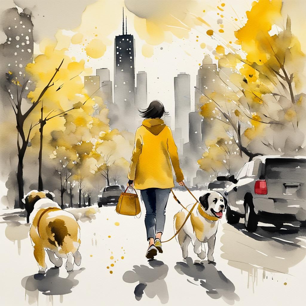 Woman and Dog in Chicago, Ink and Wash Art