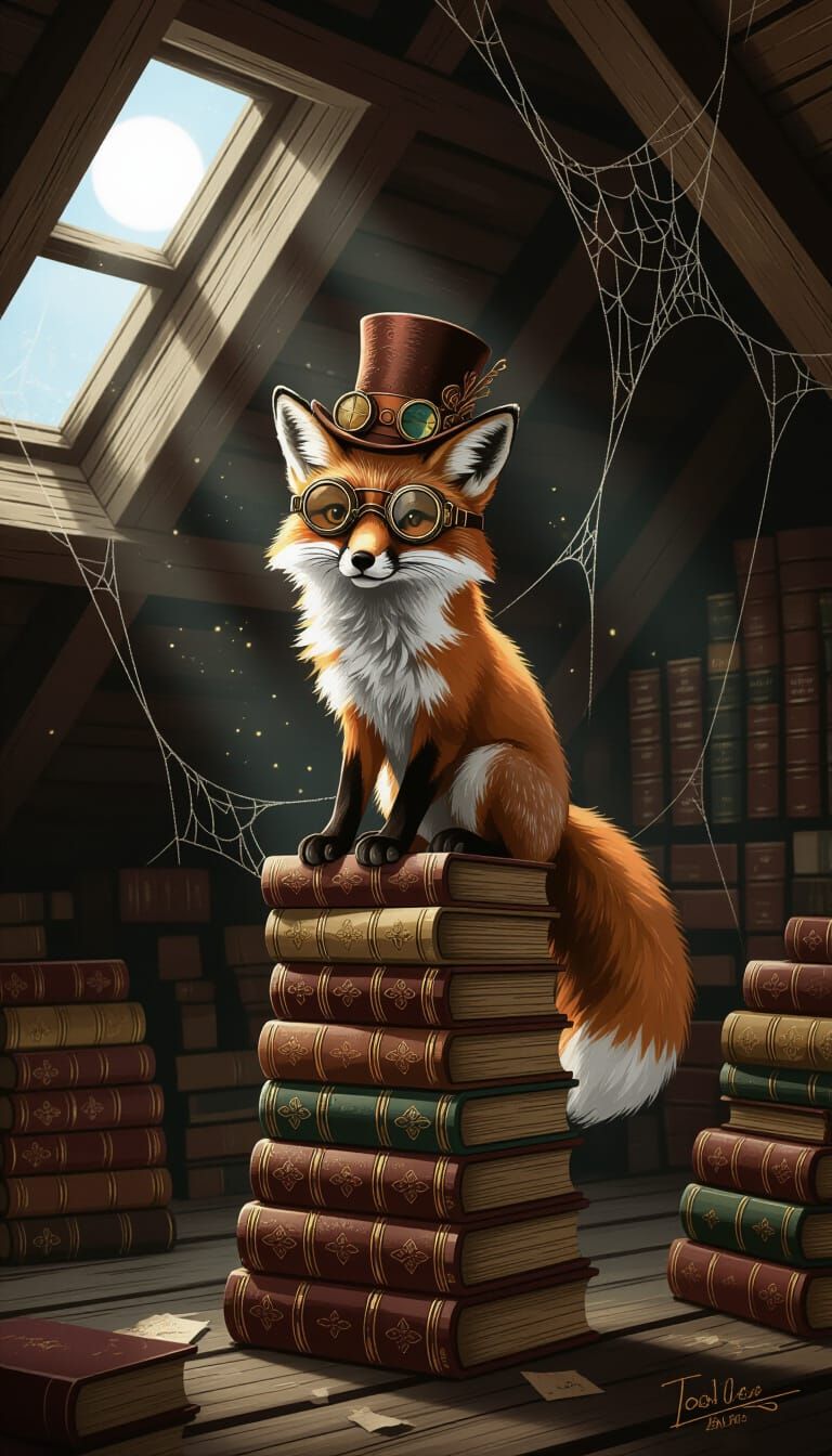 Steampunk Fox on Books in Dusty Attic