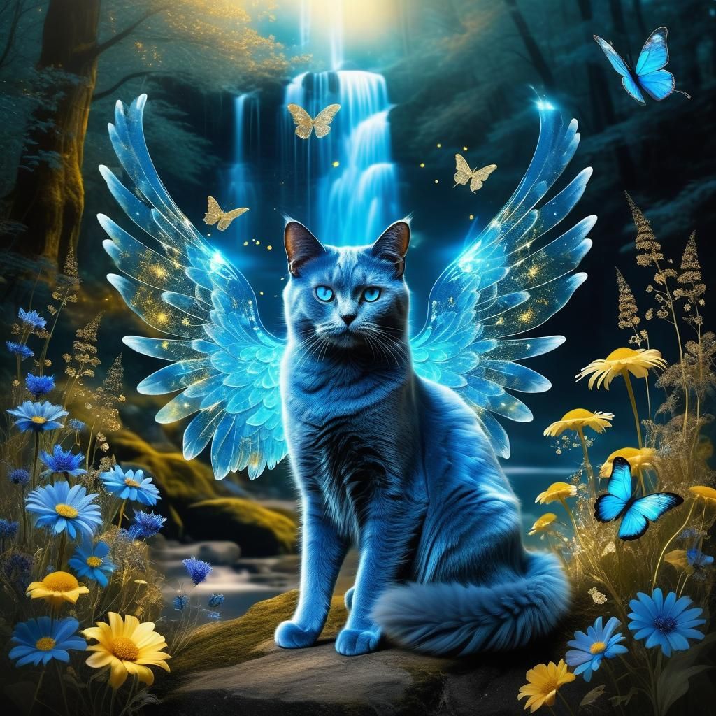 Bioluminescent Blue Angel Cat in Fantasy Forest