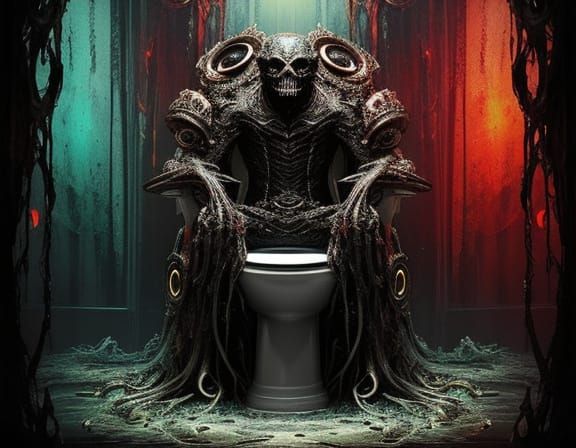 Grotesque Creature on Toilet in Garish Colors