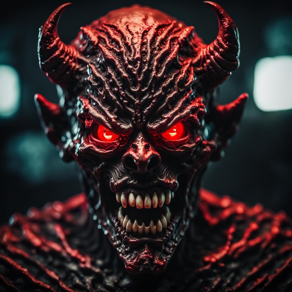 Demonic Head with Red Eyes in Photorealistic Style