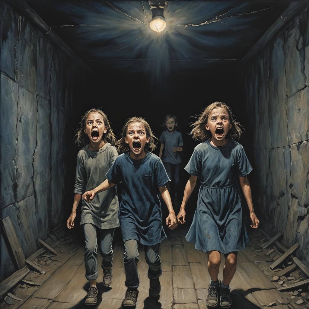 Terrified Children in a Tunnel of Shadows