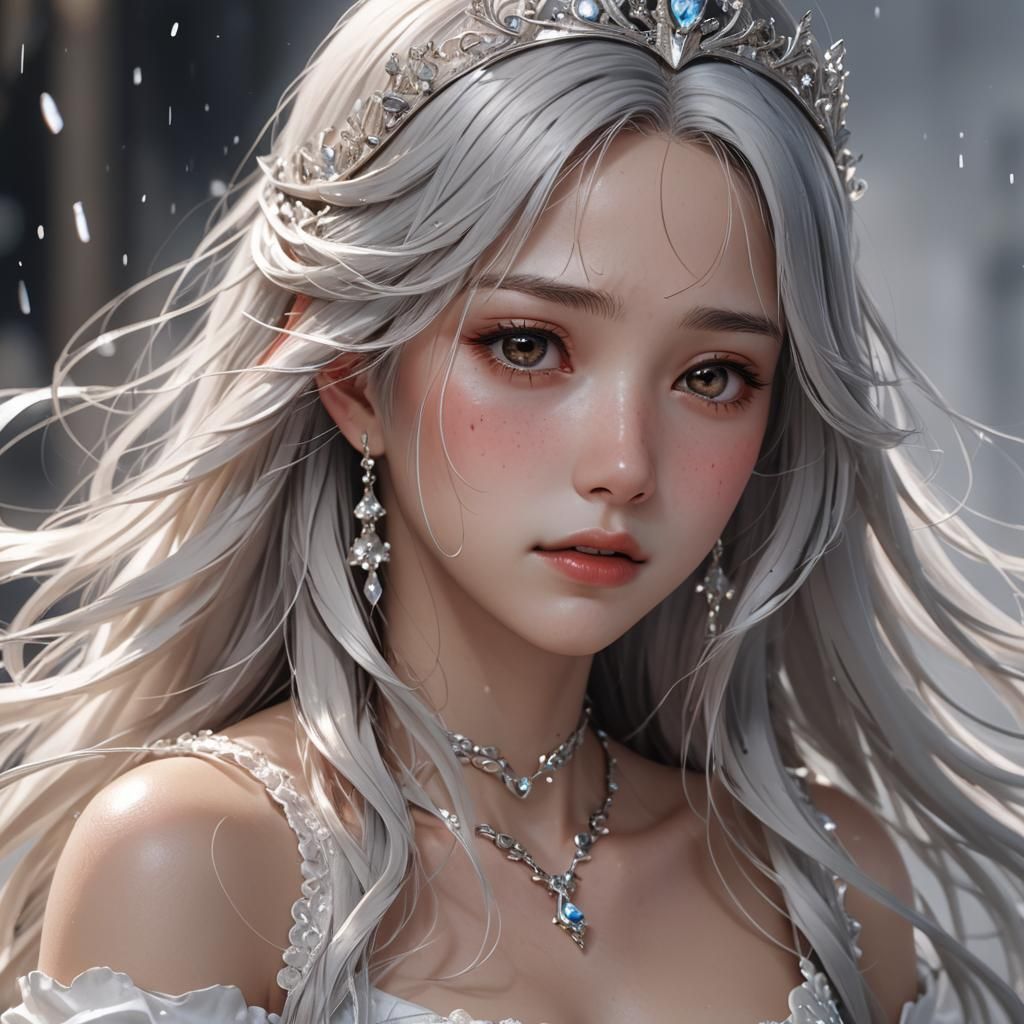 Crying Silver-Haired Princess: Detailed 3D Anime Art